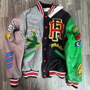 NWT First Row Bright Future Varsity Jacket Patchwork Leather Look M